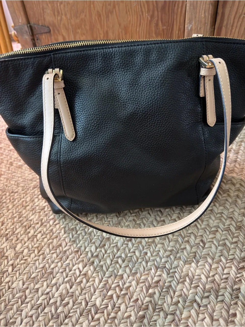 Michael Kors Black Pebbled Leather Tote with Beige Trim and Gold Charm